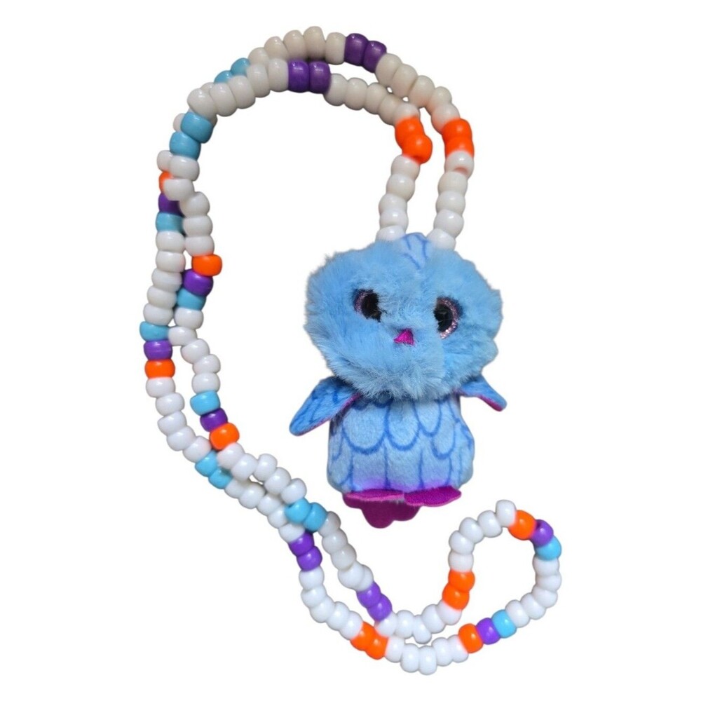 Blue Plush Owl Pony Bead Necklace